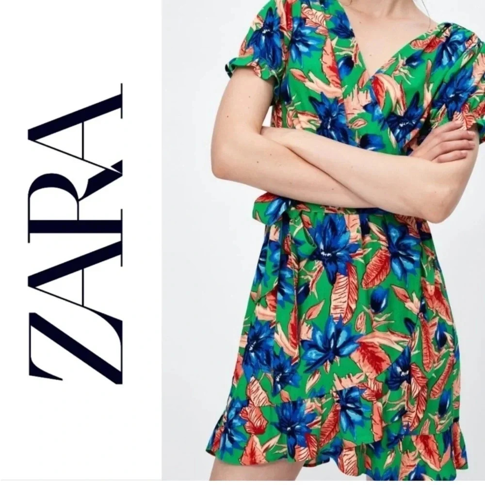New Zara Floral Dress Wrap Mini Ruffles Bright Green Red Blue Vacation Tropical - Picture 1 of 9
